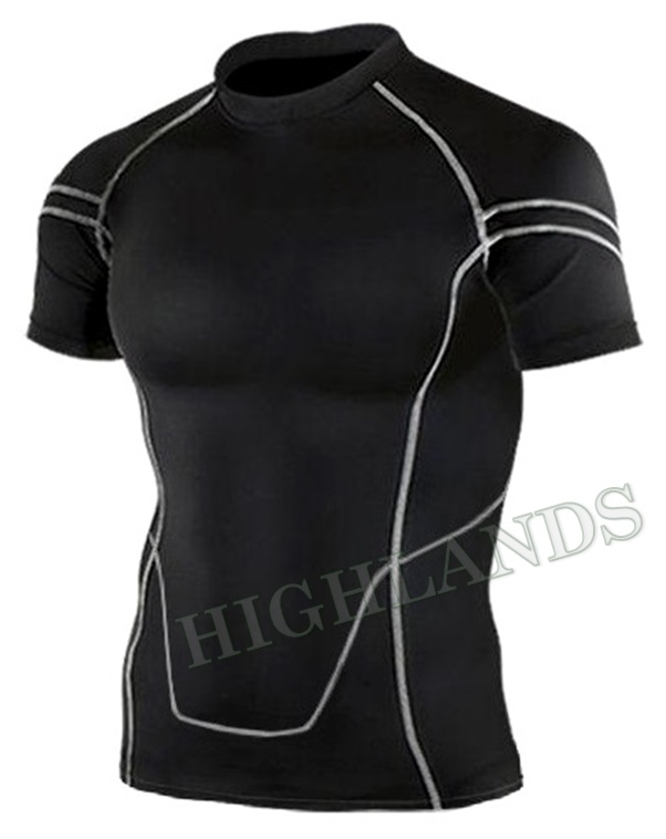 Compression top with highly stretchable fabric and protective film, flatlock seam structure. Muscle-...